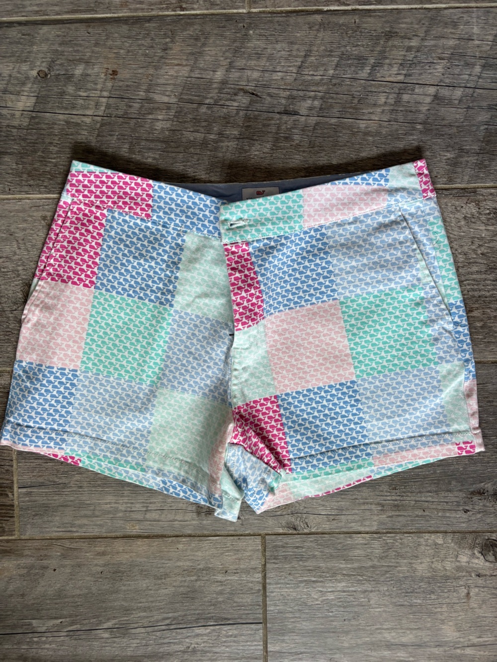 Vineyard Vines Whale Print Patchwork Pastel Shorts - Pink, Mint, Sky Blue, White